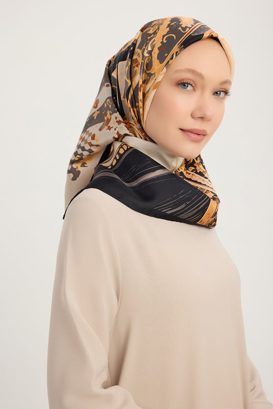 %100 İpek Twill Eşarp - Saltanat Arabası - Siyah