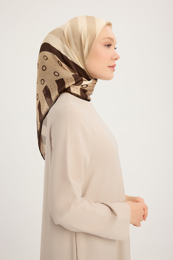 Aurora Desenli Janjan Eşarp - Ritmik Geometri - Bej