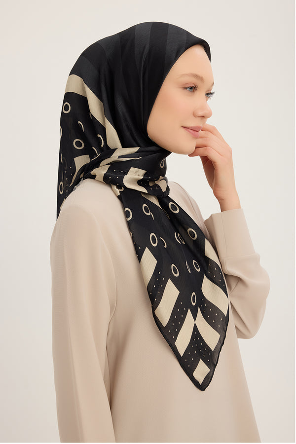 Aurora Desenli Janjan Eşarp - Ritmik Geometri - Siyah