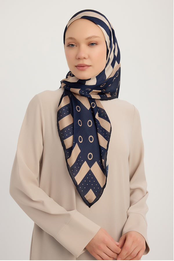 Aurora Desenli Janjan Eşarp - Ritmik Geometri - Lacivert