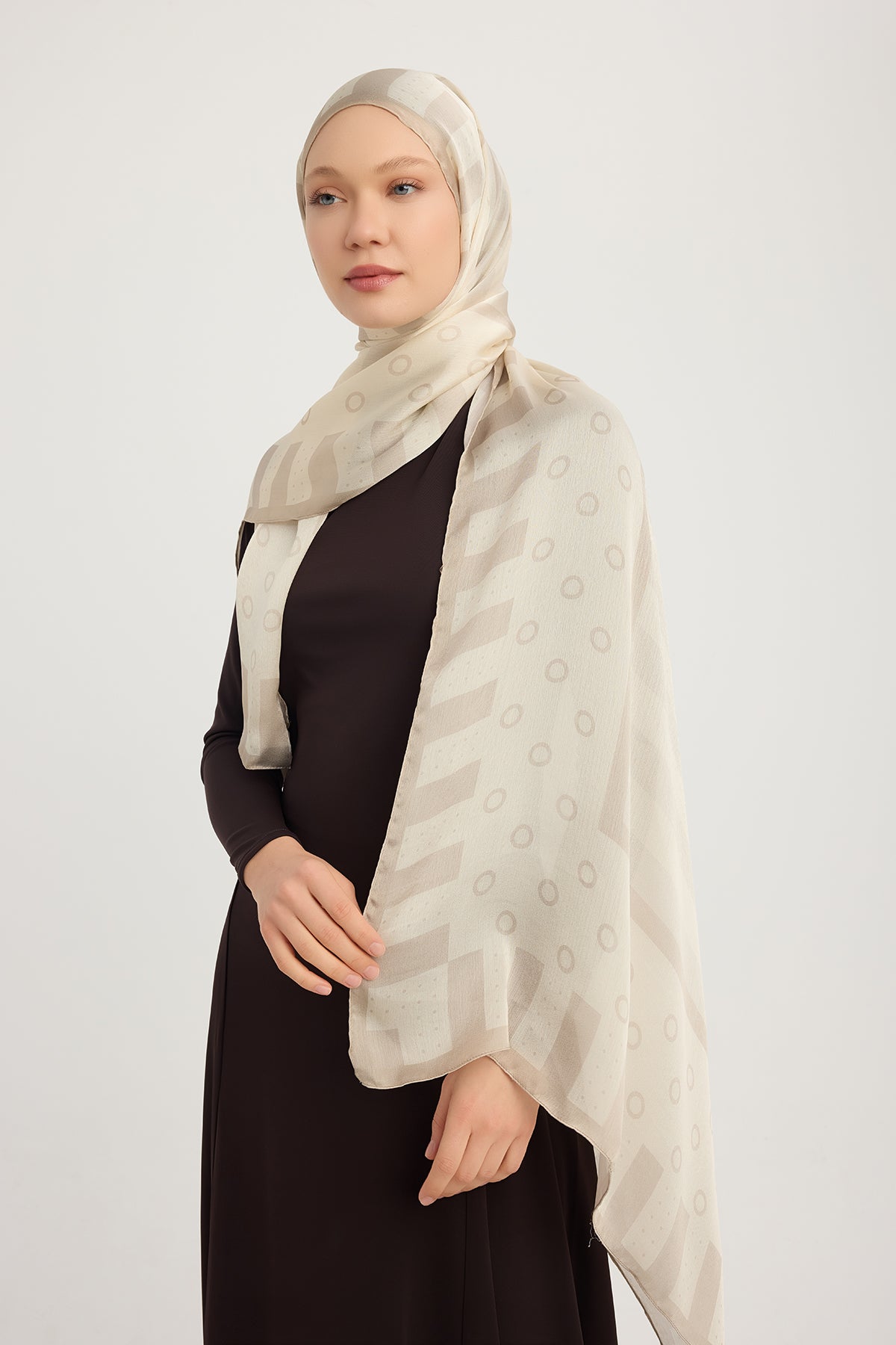 Aurora Desenli Janjan Şal - Ritmik Geometri - Açık Kahve