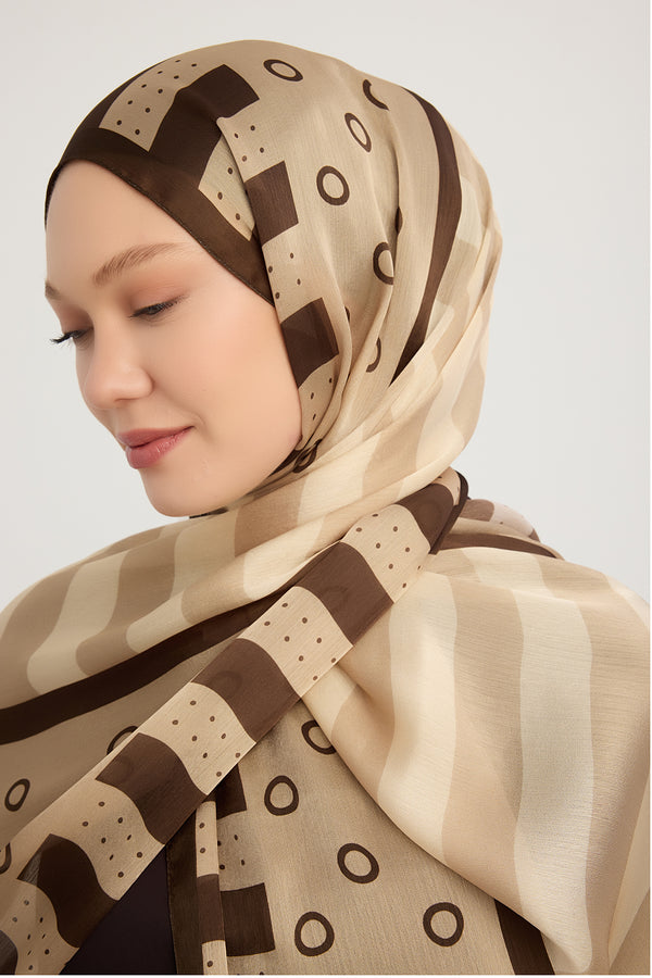 Aurora Desenli Janjan Şal - Ritmik Geometri - Bej