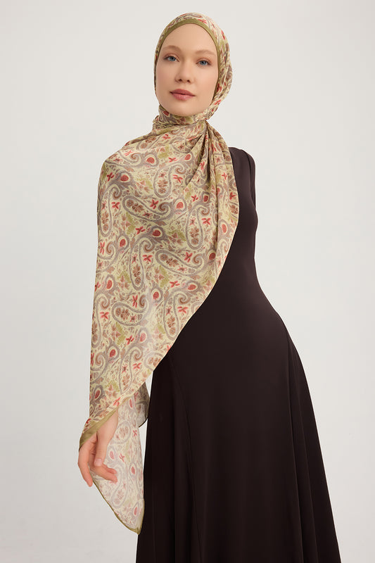 Aurora Desenli Janjan Şal - Etnik Bahar - Yağ Yeşili