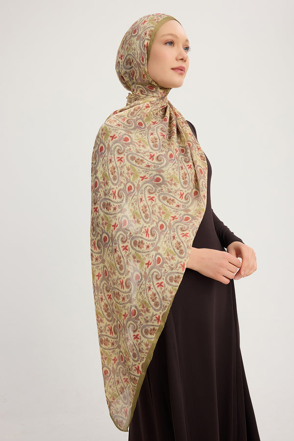 Aurora Desenli Janjan Şal - Etnik Bahar - Yağ Yeşili