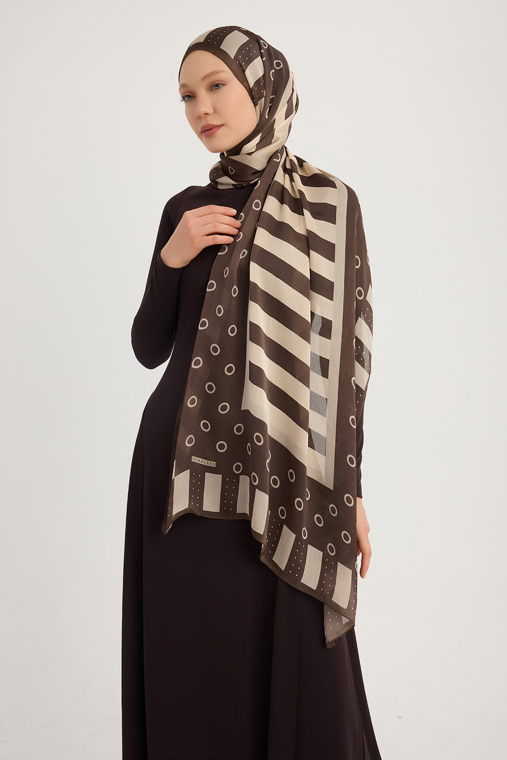 Aurora Desenli Janjan Şal - Ritmik Geometri - Kahverengi