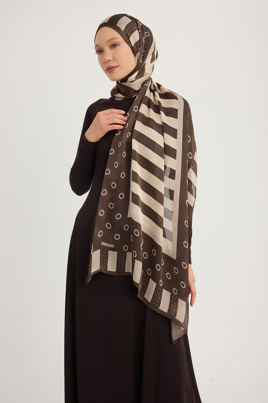 Aurora Desenli Janjan Şal - Ritmik Geometri - Kahverengi