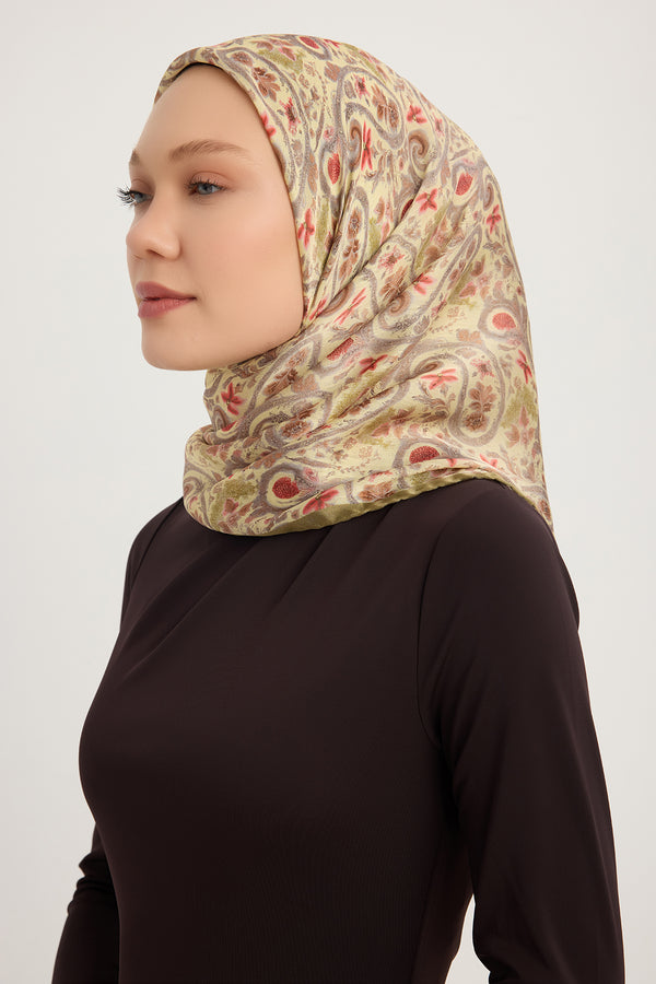 Aurora Desenli Janjan Eşarp - Etnik Bahar - Yağ Yeşili