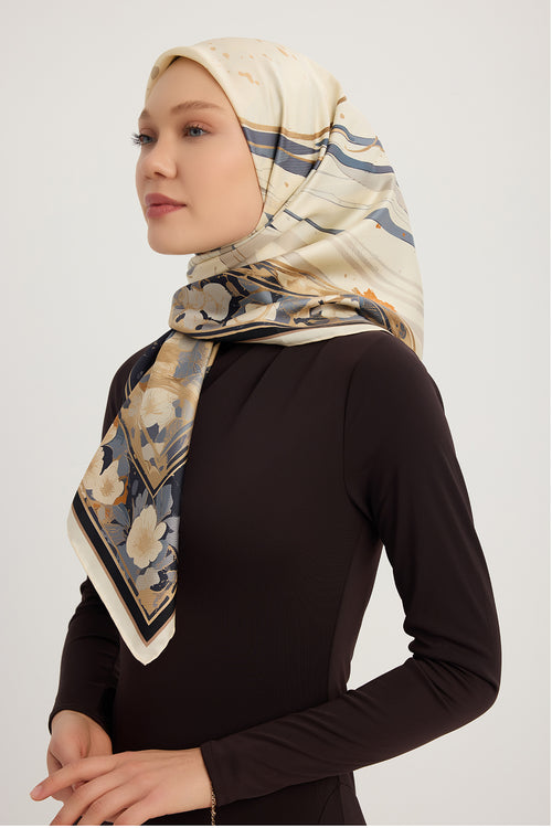 %100 İpek Twill Eşarp - Gök Çiçeği - Ekru