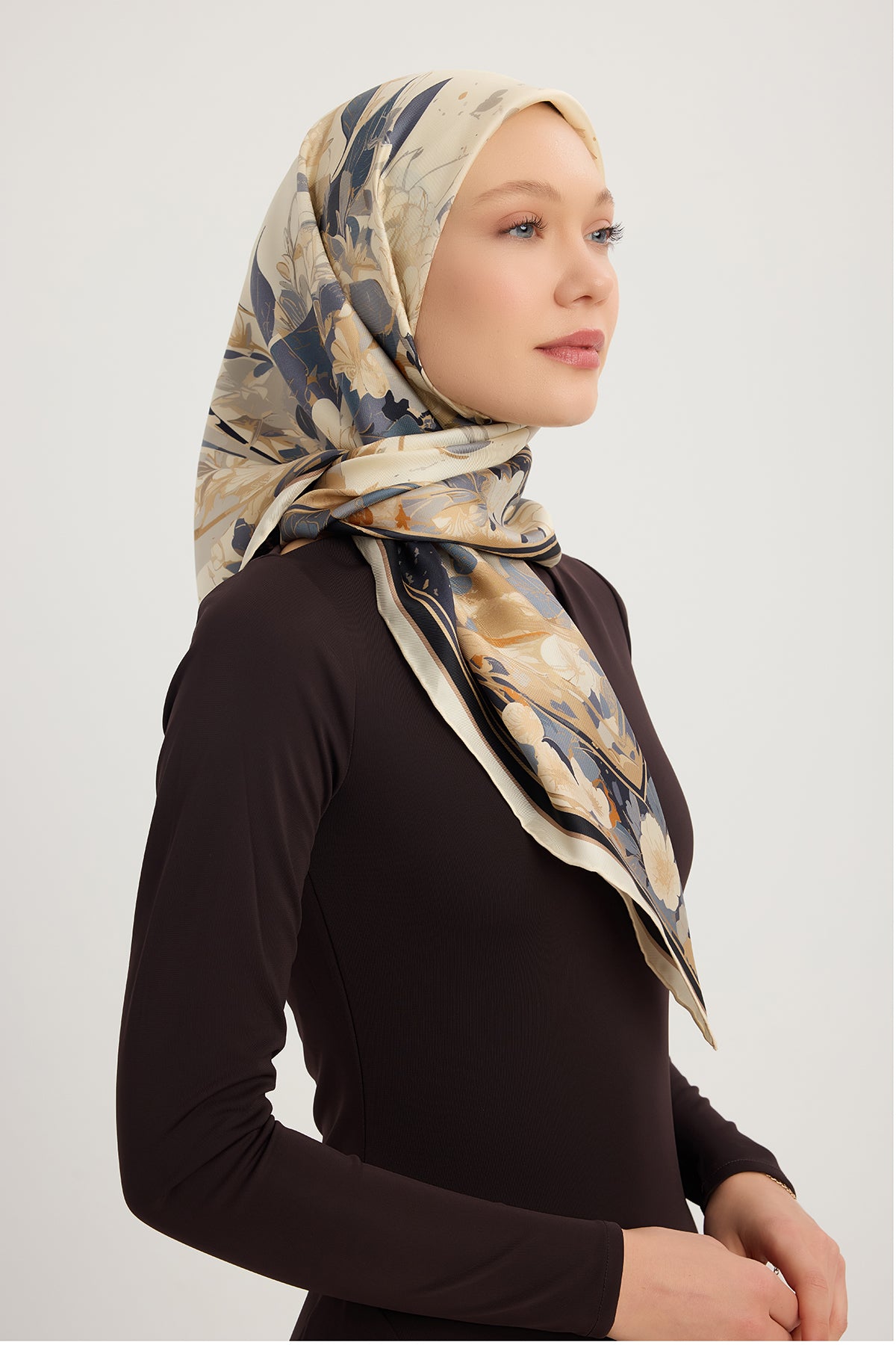 %100 İpek Twill Eşarp - Gök Çiçeği - Ekru