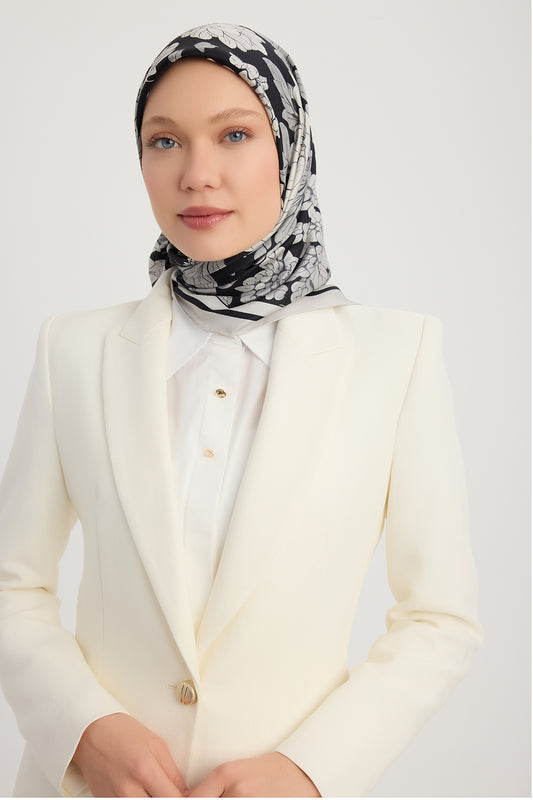 %100 İpek Twill Eşarp - Çiçek Rüyası - Siyah