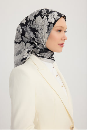 %100 İpek Twill Eşarp - Çiçek Rüyası - Siyah