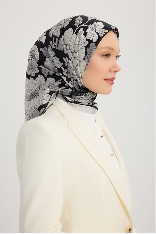 %100 İpek Twill Eşarp - Çiçek Rüyası - Siyah