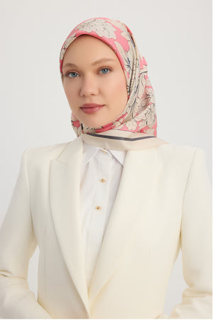 %100 İpek Twill Eşarp - Çiçek Rüyası - Pudra