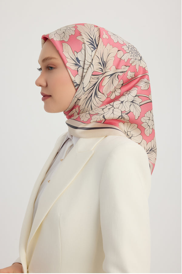 %100 İpek Twill Eşarp - Çiçek Rüyası - Pudra