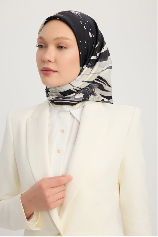 %100 İpek Twill Eşarp - Gök Çiçeği - Siyah