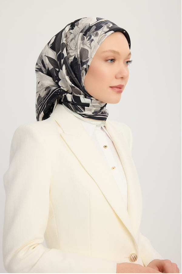%100 İpek Twill Eşarp - Gök Çiçeği - Siyah