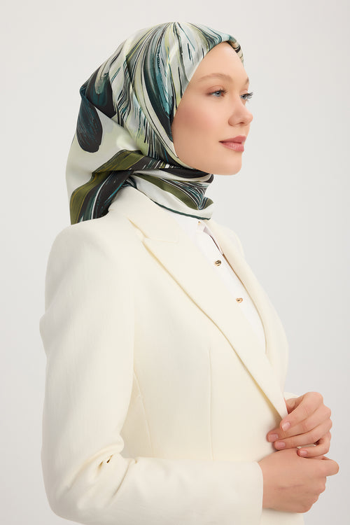 %100 İpek Twill Eşarp - Altın Zambak - Yeşil