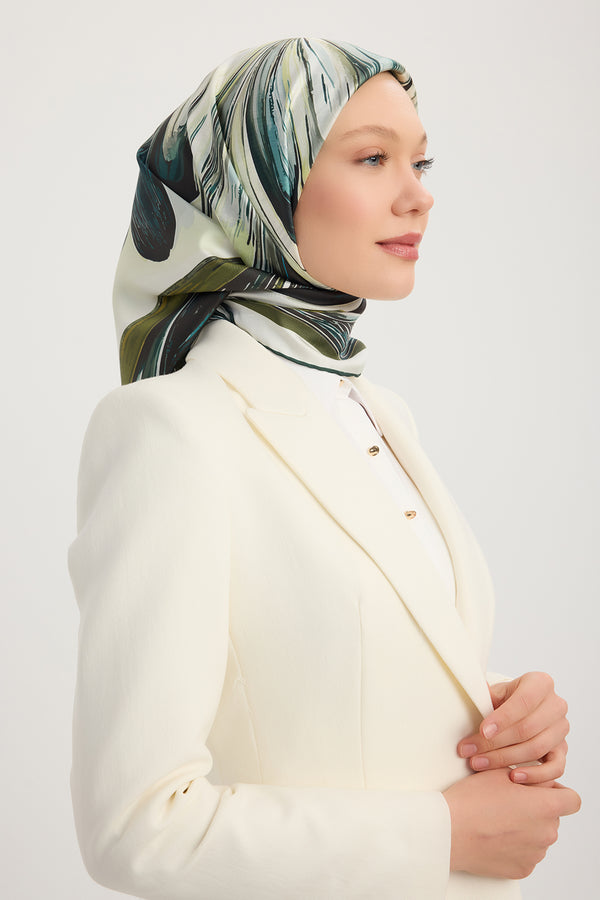 %100 İpek Twill Eşarp - Altın Zambak - Yeşil
