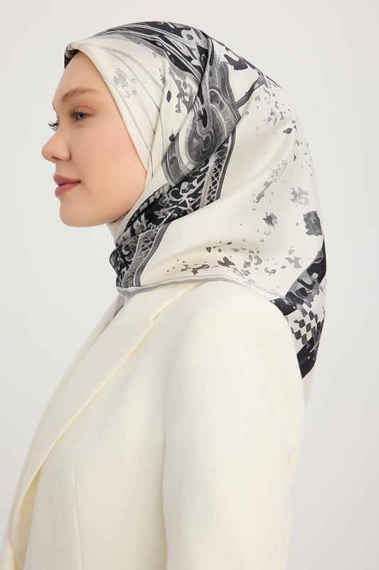 %100 İpek Twill Eşarp - Saltanat Arabası - Gri