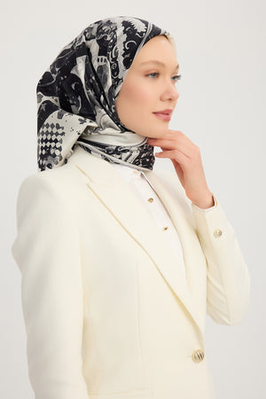 %100 İpek Twill Eşarp - Saltanat Arabası - Gri