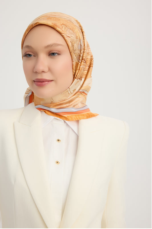%100 İpek Twill Eşarp - Hilal Şehri  - Oranj