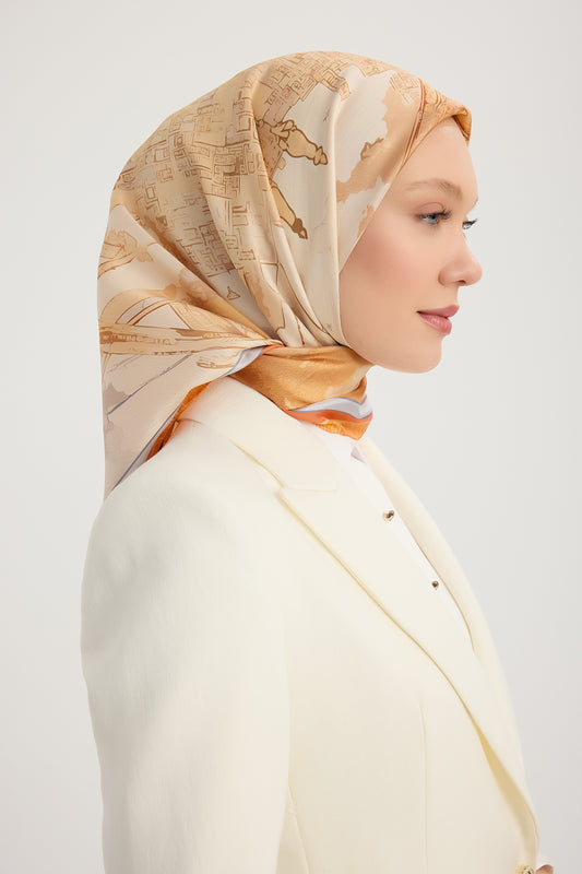 %100 İpek Twill Eşarp - Hilal Şehri  - Oranj
