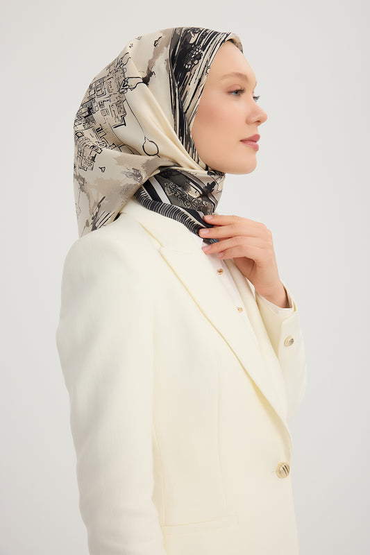 %100 İpek Twill Eşarp - Hilal Şehri  - Siyah