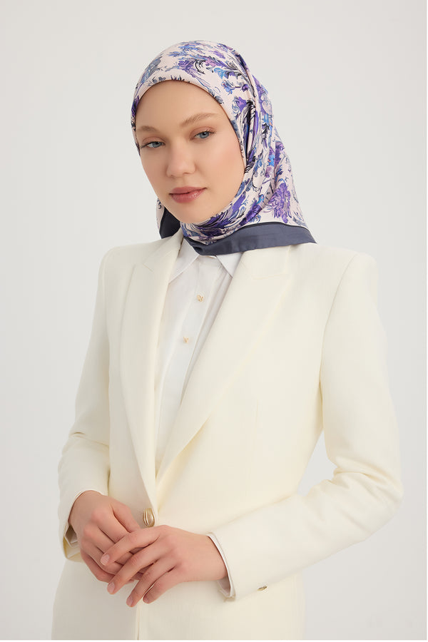 %100 İpek Twill Eşarp - Yankılar Bahçesi - Mor