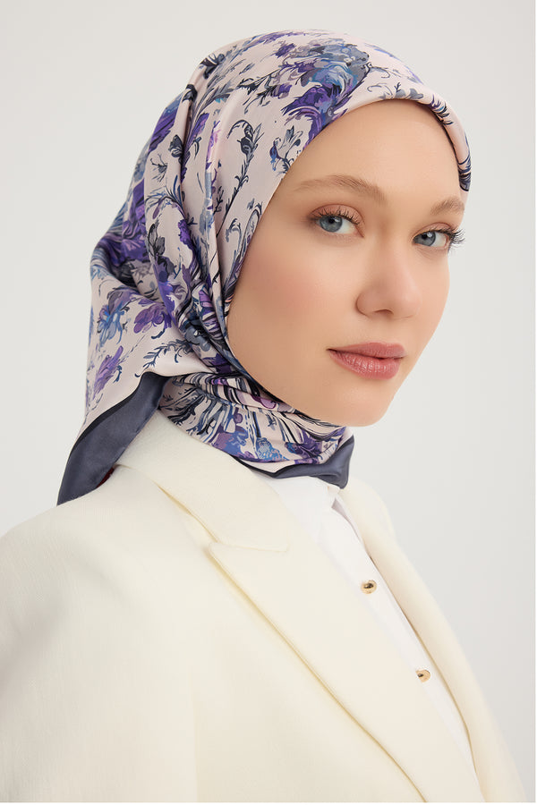 %100 İpek Twill Eşarp - Yankılar Bahçesi - Mor
