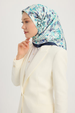 %100 İpek Twill Eşarp - Yankılar Bahçesi - Turkuaz