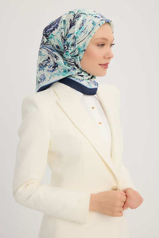 %100 İpek Twill Eşarp - Yankılar Bahçesi - Turkuaz