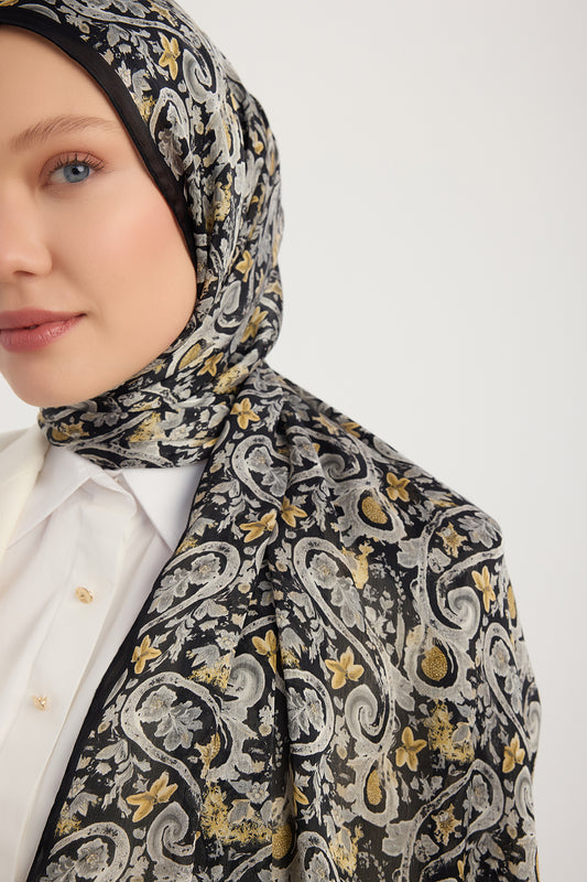Aurora Desenli Janjan Şal - Etnik Bahar - Siyah