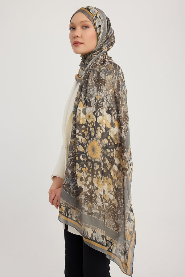 Aurora Desenli Janjan Şal - Çiçek Kozmosu - Gri