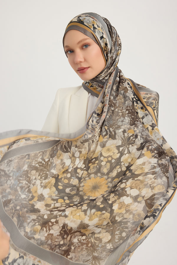 Aurora Desenli Janjan Şal - Çiçek Kozmosu - Gri