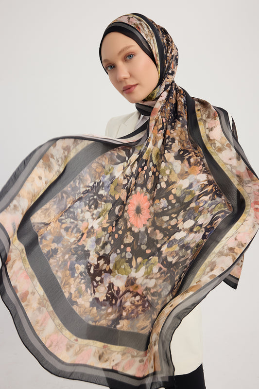 Aurora Desenli Janjan Şal - Çiçek Kozmosu - Siyah