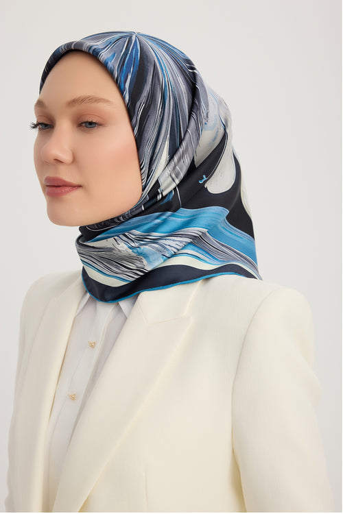 %100 İpek Twill Eşarp - Altın Zambak - İndigo