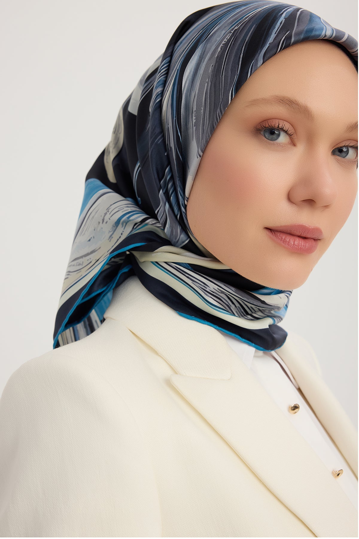 %100 İpek Twill Eşarp - Altın Zambak - İndigo