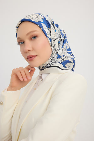 %100 İpek Twill Eşarp - Çiçek Rüyası - Mavi