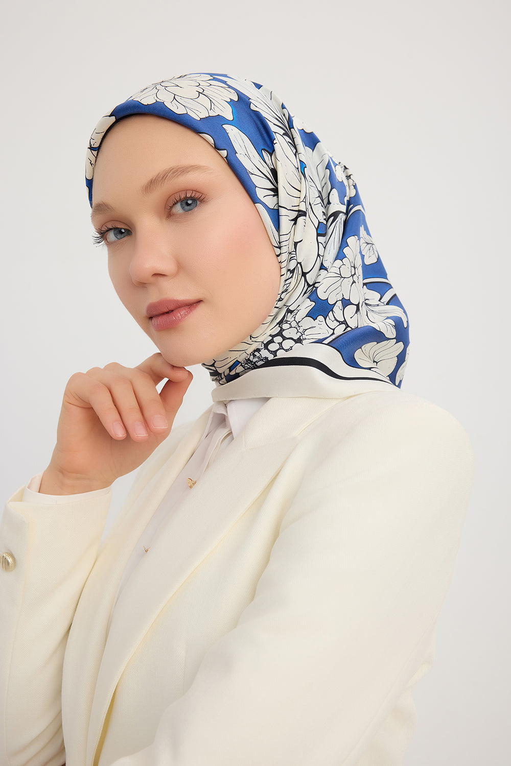 %100 İpek Twill Eşarp - Çiçek Rüyası - Mavi