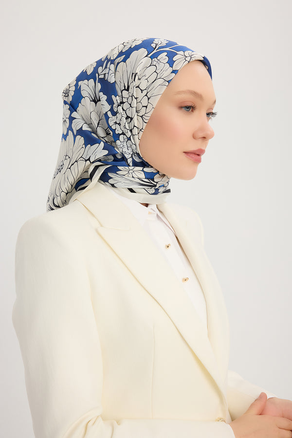 %100 İpek Twill Eşarp - Çiçek Rüyası - Mavi