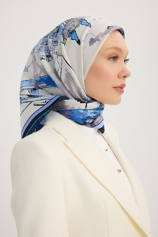 %100 İpek Twill Eşarp - Hilal Şehri  - İndigo