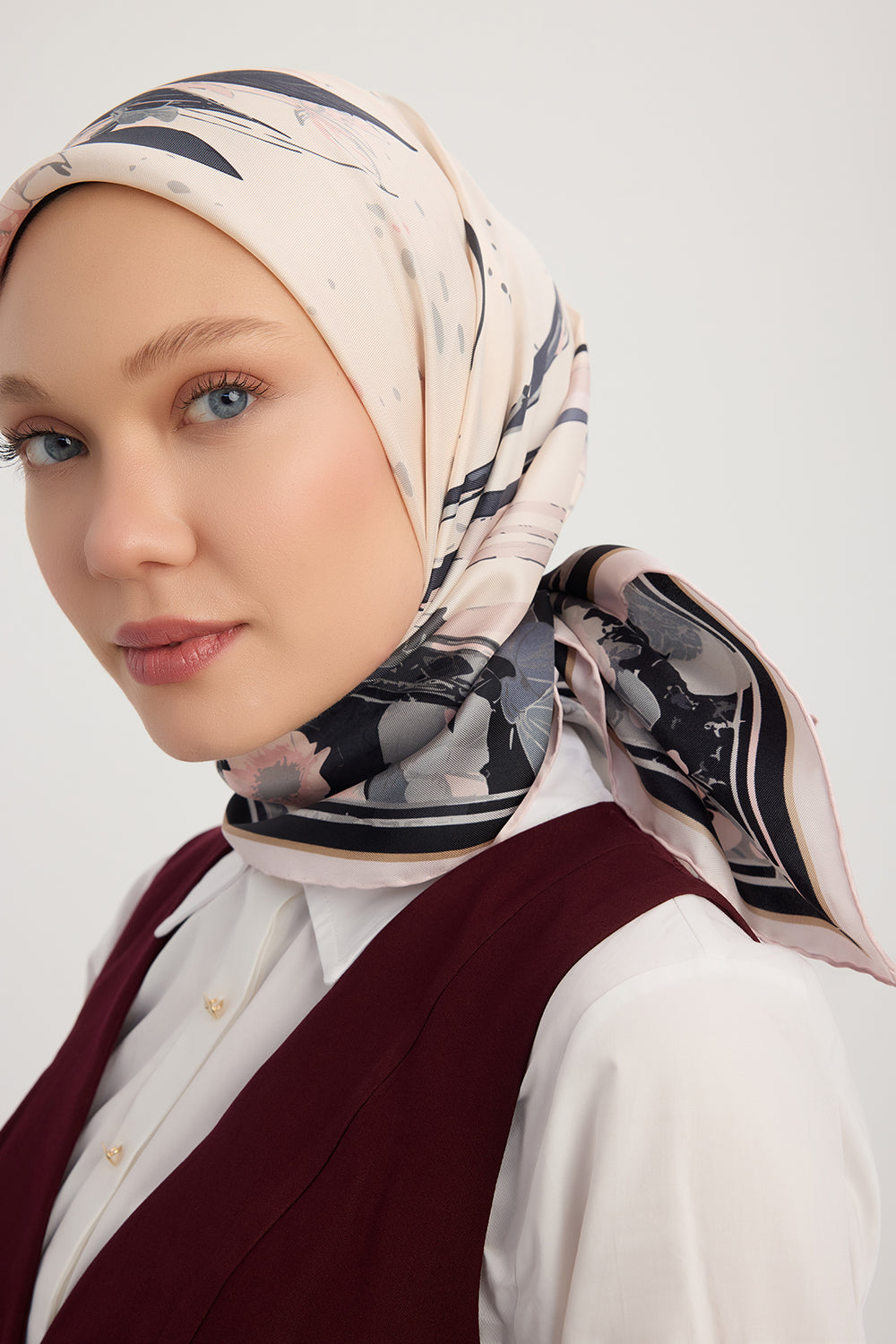 %100 İpek Twill Eşarp - Gök Çiçeği - Pudra