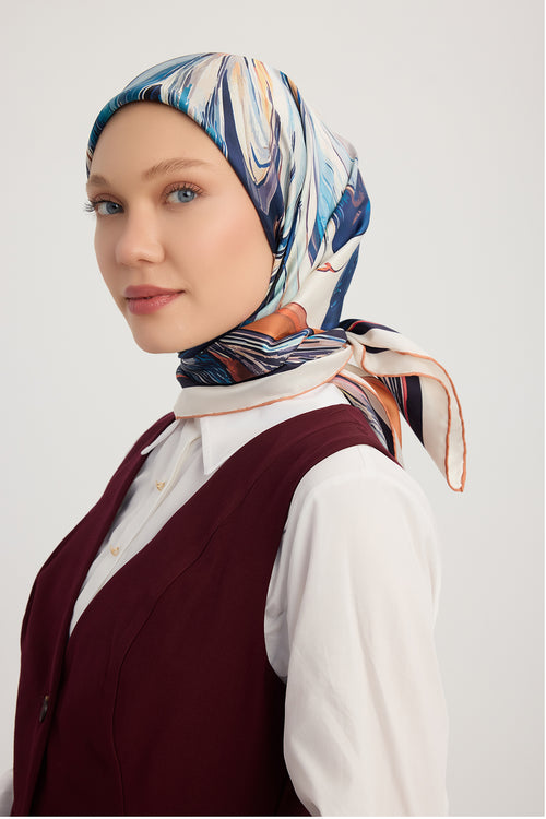 %100 İpek Twill Eşarp - Altın Zambak - Mavi