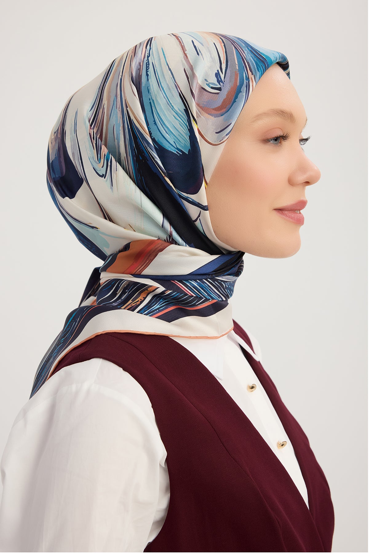 %100 İpek Twill Eşarp - Altın Zambak - Mavi