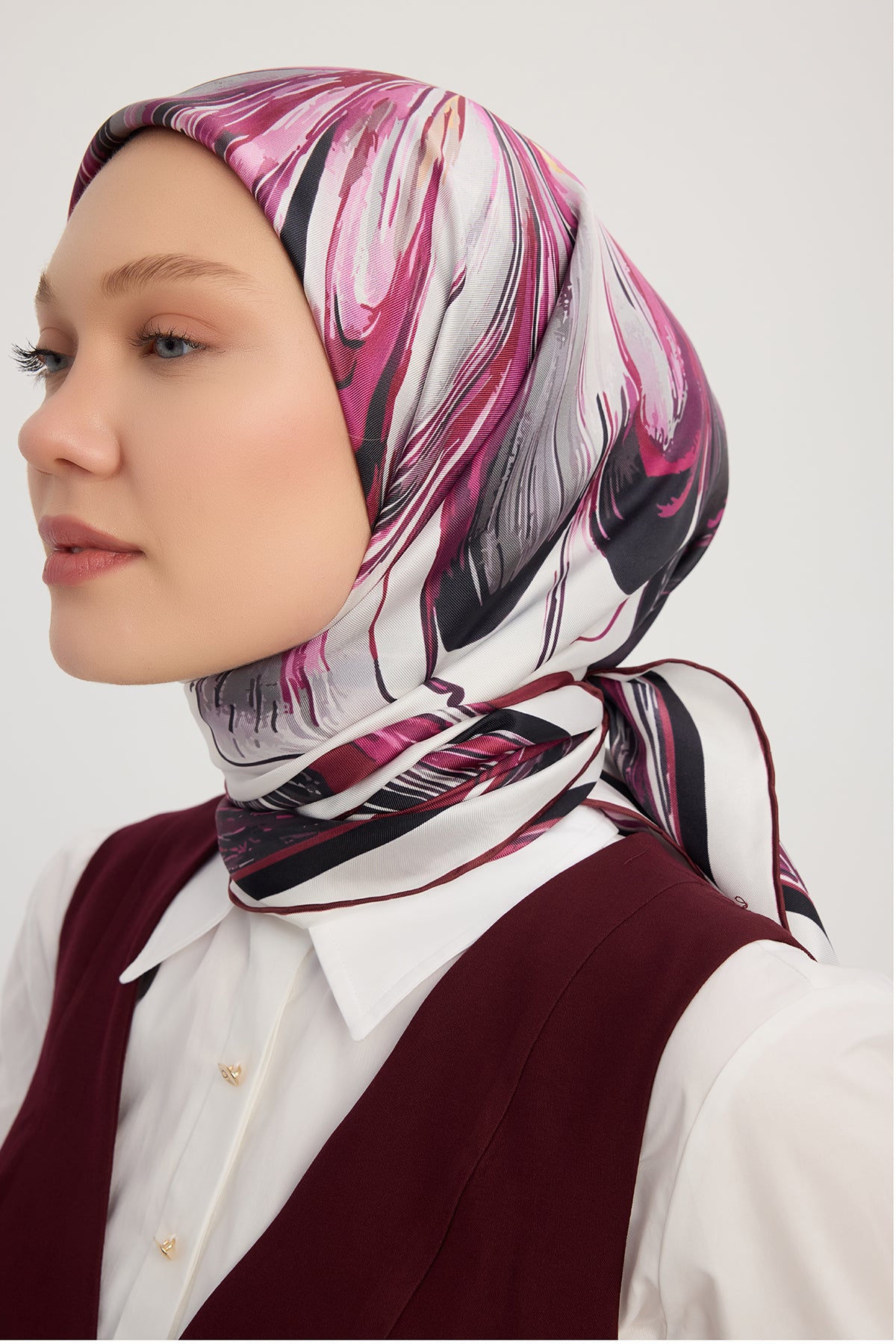 %100 İpek Twill Eşarp - Altın Zambak - Bordo