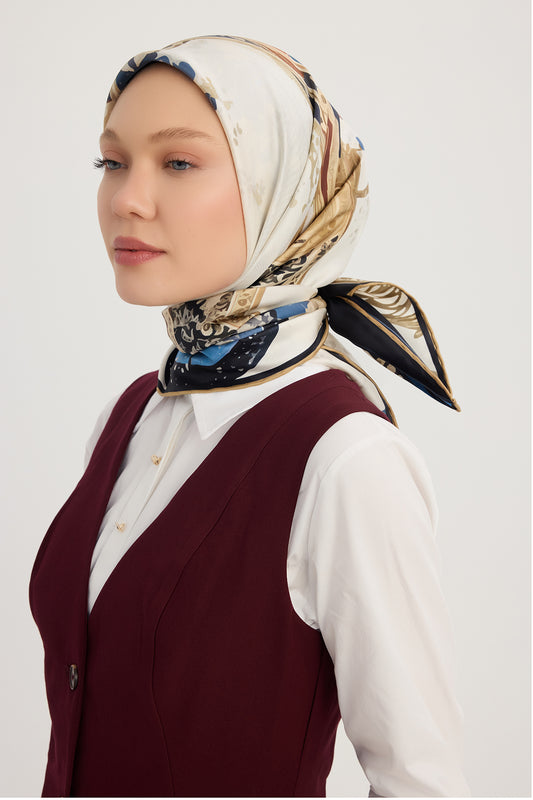 %100 İpek Twill Eşarp - Saltanat Arabası - İndigo