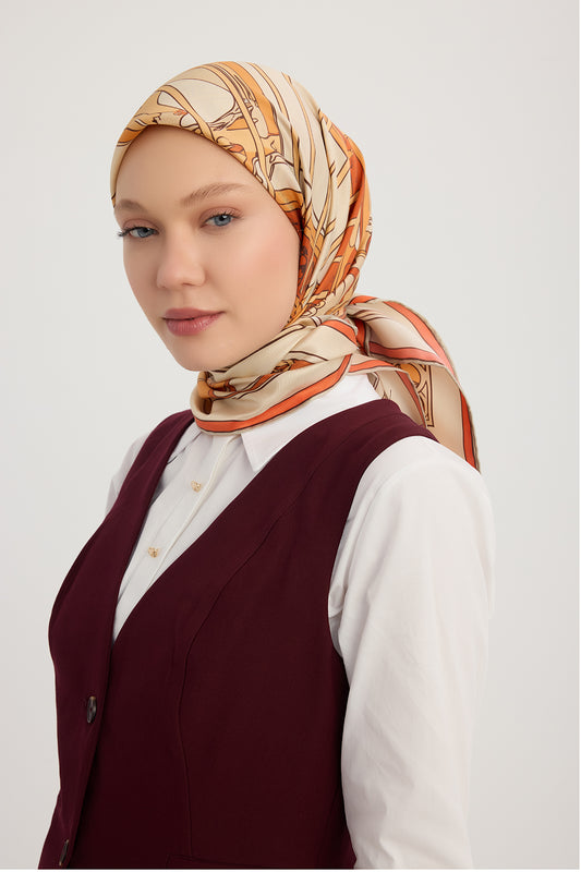 %100 İpek Twill Eşarp - Sessiz Yükselim  - Oranj