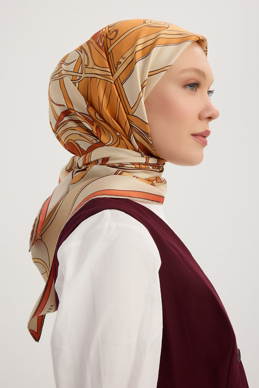 %100 İpek Twill Eşarp - Sessiz Yükselim  - Oranj