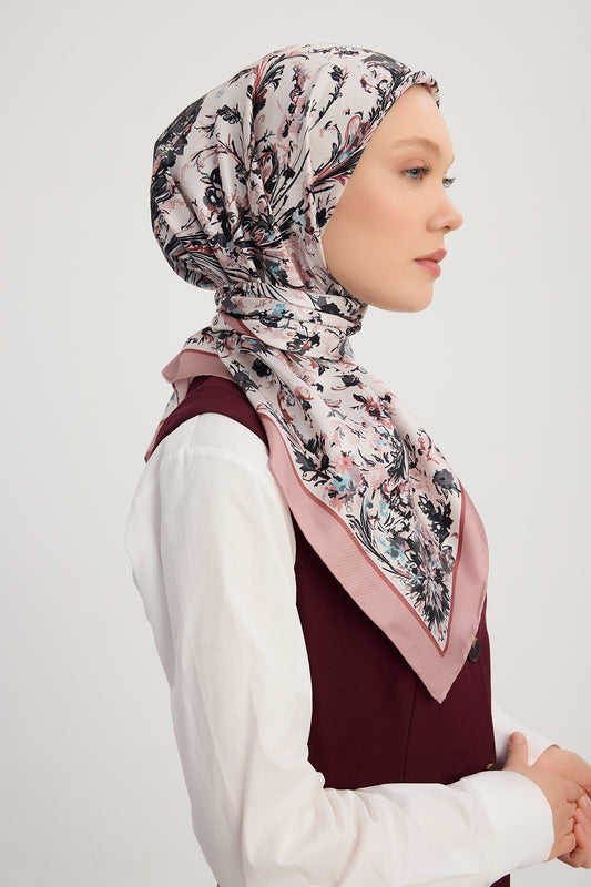 %100 İpek Twill Eşarp - Yankılar Bahçesi - Pudra