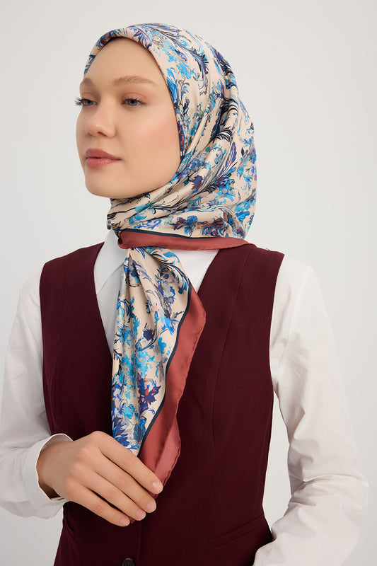 %100 İpek Twill Eşarp - Yankılar Bahçesi - İndigo